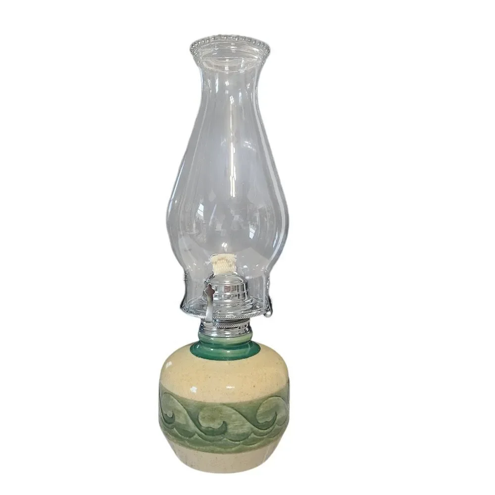 Vintage Oil Lantern Farmhouse Ceramic Green Cream Country with Glass Hurricane